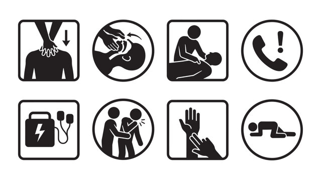Set of first aid and emergency response icons for medical training.