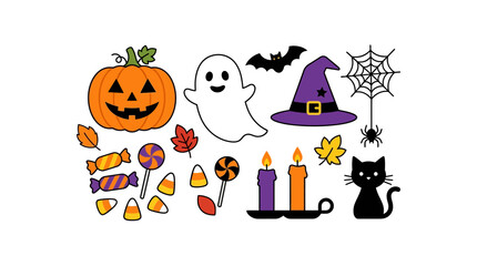 Fototapeta premium Halloweenthemed design elements like jackolanterns, ghosts, bats, hats, spider webs, candy, leaves, candles, black cats for seasonal graphics.