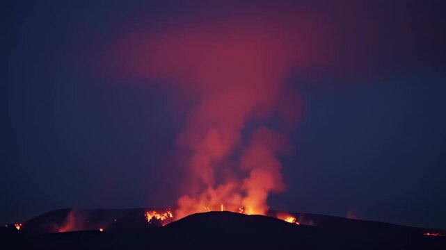 Volcanic eruption at nighttime landscape scene.