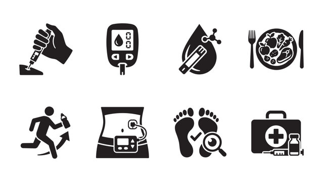 Diabetes management and care icons set including insulin monitoring and lifestyle.