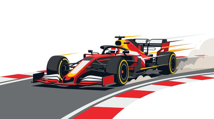 Red formula one race car speeds on track with asphalt markings and rubber tire motion suitable for motorsport, racing, speed concepts. © se