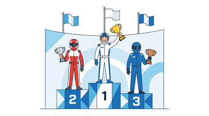 Race car drivers celebrate podium wins with gold, silver, bronze trophies, checkered flag. Ideal for sports, racing, victory concepts. © se
