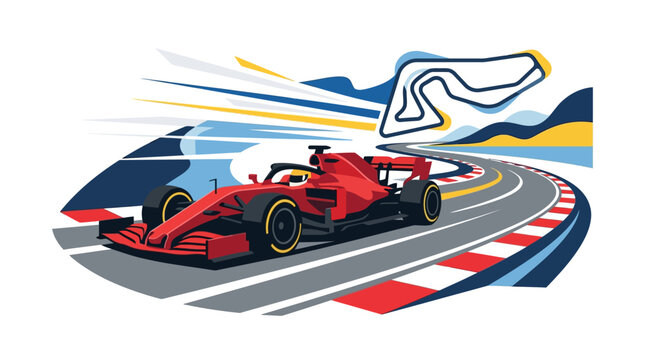 Red formula race car speeding on silverstone circuit track, creating dynamic abstract motion blur graphic suitable for sports marketing materials.