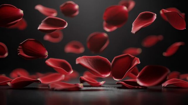Gentle red rose petals gracefully floating and swirling in slow motion on dark background