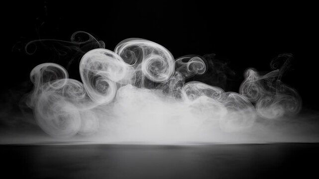 Slowly swirling white smoke dancing and twisting over dark reflective surface in atmospheric motion