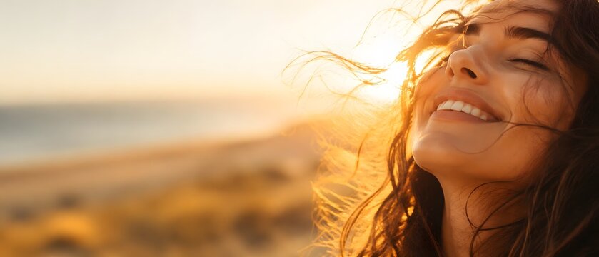 Happy laughing young woman with closed eyes enjoying summer sunset on sandy ocean beach