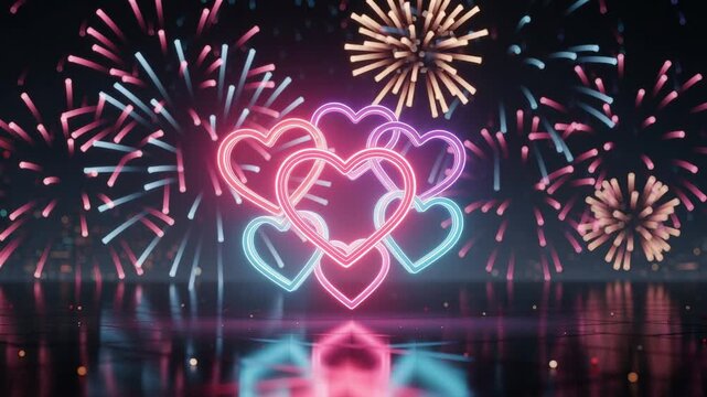 Neon hearts glowing brightly on reflective surface with colorful fireworks exploding in the night sky