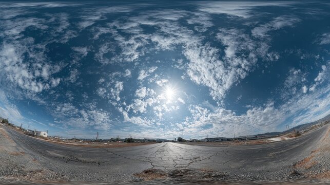 Panoramic view of an empty road and beautiful, cloudy, blue sky with the sun. This 360 image is ideal for virtual reality and immersive environments.