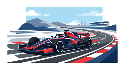 Speedy red and blue formula race car racing on asphalt track by mountains and sky with grandstand. Perfect for automotive promotions. © se