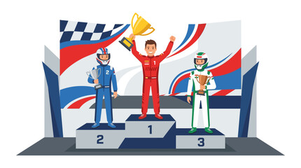 Three racing drivers celebrating victory on podium with gold, silver, bronze trophies and checkered flag. Perfect for sports and competition designs. © se