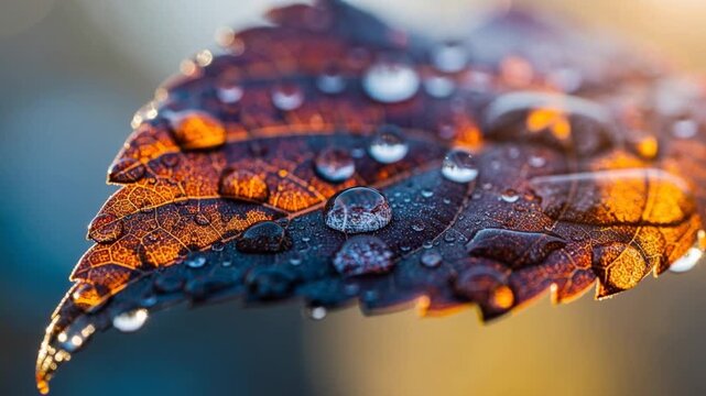 Close up of a green leaf covered in dew drops shining in warm sunlight in nature