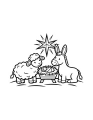 Naklejka premium Nativity Animals Coloring Page – Printable Black and White Outline Educational Worksheet for Kids