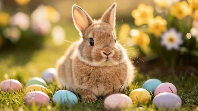 A fluffy bunny sitting peacefully in a colorful garden surrounded by vibrant Easter eggs