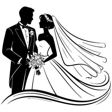 Romantic Bride And Groom Profile Illustration Featuring Floral Veil And Classic Wedding Style Isolated on a Transparent or White Background