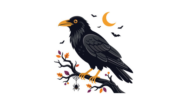 Dark and eerie halloween scene with a raven, yellow moon, orange leaves, spider web, small bats, perfect for autumn designs.
