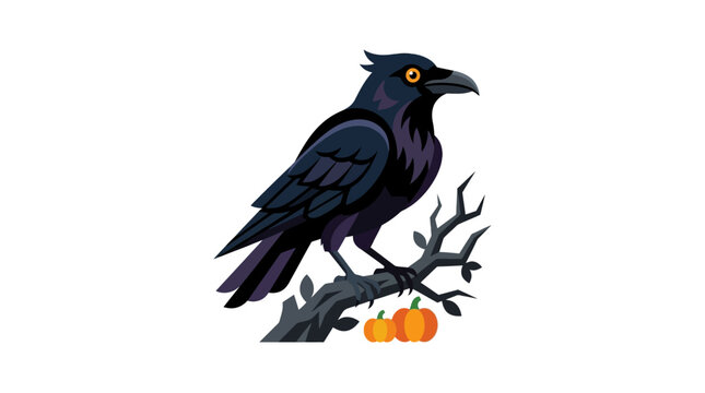 Black raven bird with orange pumpkins, spooky dead tree branch on white background, suitable for halloween themed designs and decorations.