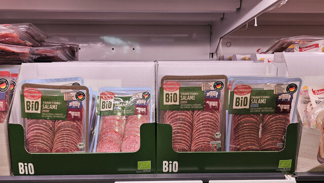 Bio traditions salami deli meat packaging on store shelf