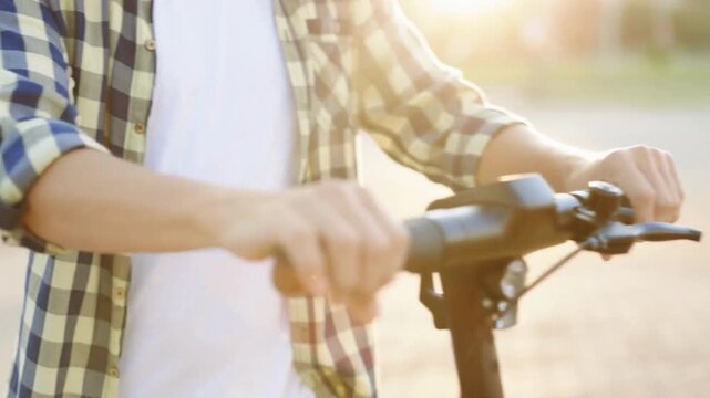 Man Taking Shared Electric Scooter for Eco Friendly Travel