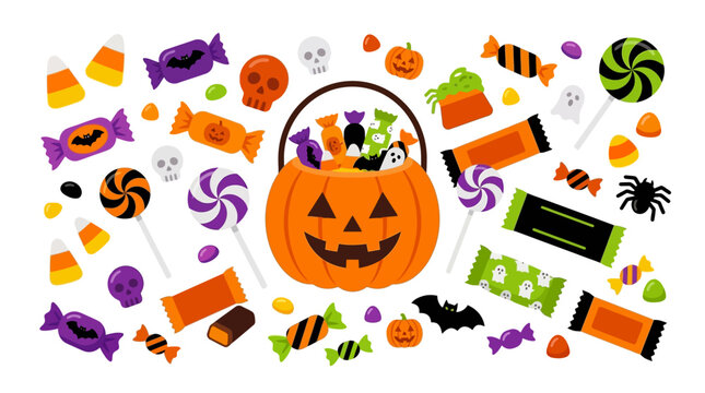 Halloweenthemed collection with pumpkin bucket, candy corn, lollipops, skulls, bats, spiders, and sweet treats ideal for festive design projects.