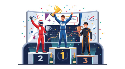 Happy race car drivers celebrating on podium with golden trophies, confetti, and colorful background. Suitable for sports, achievement, victory concepts. © se