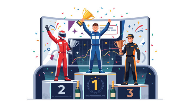 Happy race car drivers celebrating on podium with golden trophies, confetti, and colorful background. Suitable for sports, achievement, victory concepts.