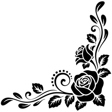 Decorative Rose Corner Border With Ornate Swirls Leaves And Elegant Floral Silhouette Design Isolated on a Transparent or White Background