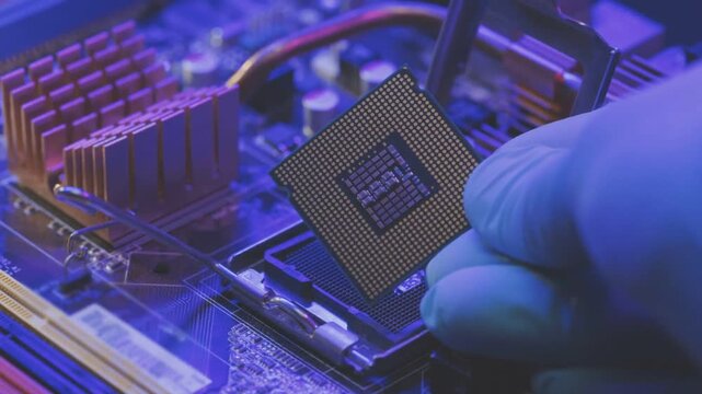 Technician Holding Computer Processor Above Motherboard Socket