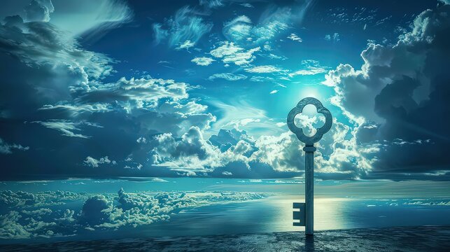 A surreal conceptual image of a large, ornate key standing upright against a vast, dreamy blue sky
