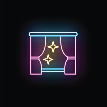 Neon lit proscenium arch with curtains revealing sparkling stars, representing entertainment and spectacle