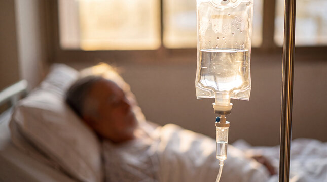 Close up of an intravenous drip bag with saline solution hanging on a metal stand next to a blurred senior patient sleeping in a hospital bed