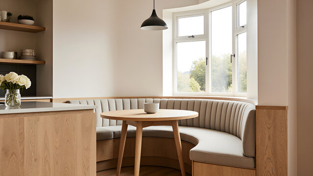 Cozy Dining Nook with Round Wooden Table and Curved Bench