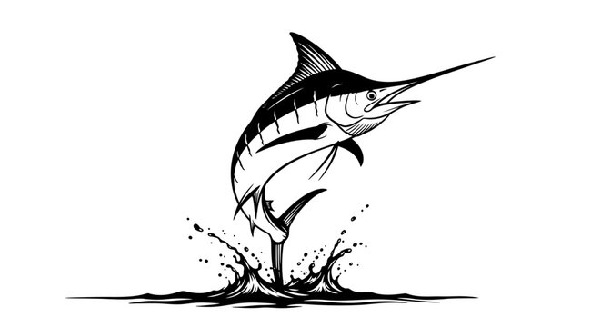 Dynamic marlin fish jumping out of water illustration.