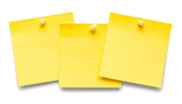 Three isolated yellow sticky notes with push pins for reminders and office communication