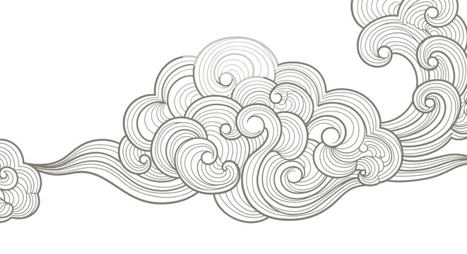 Dense ornate oriental cloud pattern drawing for textile design.
