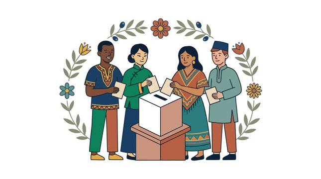 Diverse Group Casting Vote Together at Ballot Box Illustrated