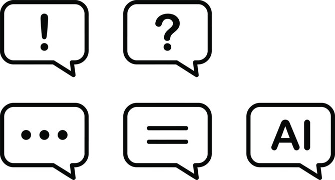 Set of speech bubble icons with exclamation mark, question mark, ellipsis, equal sign and ai text symbol