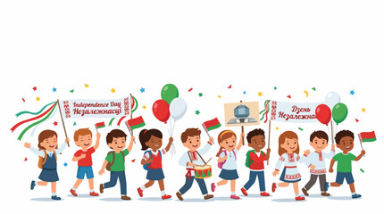 Fototapeta premium A diverse group of happy children walking and holding flags and balloons in a colorful festive scene with confetti on a white background.