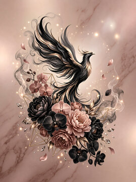 Black Phoenix Rising with Pink Peonies on Soft Marble Background | Fantasy Floral Digital Illustration