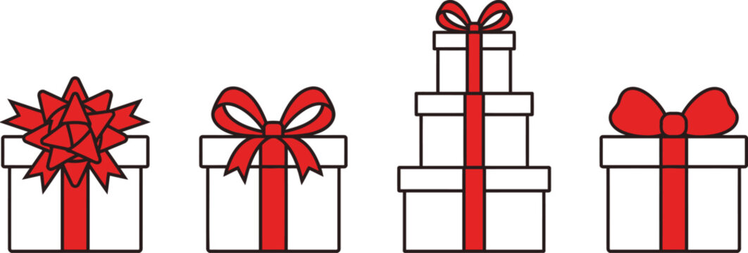 Set of four gift boxes with red ribbons and bows