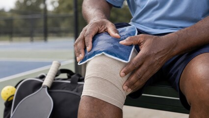 Obraz premium Pickleball injury older hands of African American man placing an ice