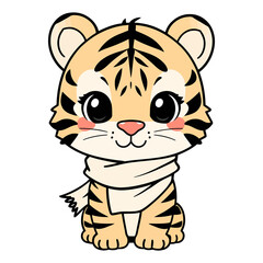 Fototapeta premium Chibi Tiger Cartoon Character With Winter Scarf