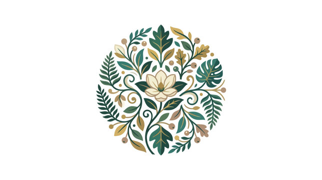 Floral mandala with magnolia flower and green leaves, botanical illustration, circular design
