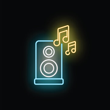 Neon speaker icon glowing with musical notes on a dark background