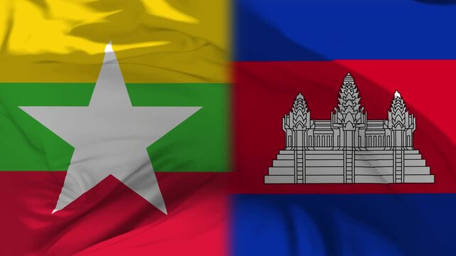 Myanmar And Cambodia Flag Waving in Slow Motion Loop Animation