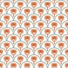 Fototapeta premium Brown boho palm tree seamless pattern. Jungle damask print, summer nature vector wallpaper. Hand drawn coconut plant, cute scallop tropic background. Simple textile surface design, fabric, wrap paper.