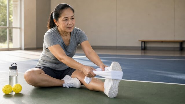Pickleball injury older Filipino woman stretching hamstrings