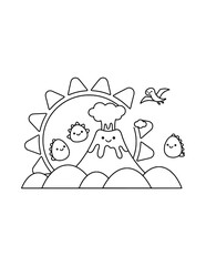 Fototapeta premium Cute Prehistoric Sunrise Coloring Page for Kids. Simple Landscape Outline Illustration for Children.