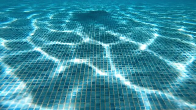 Sunlight reflecting on turquoise swimming pool bottom with blue mosaic tiles and water caustics