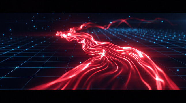 Abstract glowing red energy waves flowing over a blue digital grid background with floating light particles in a dark futuristic cyberspace environment