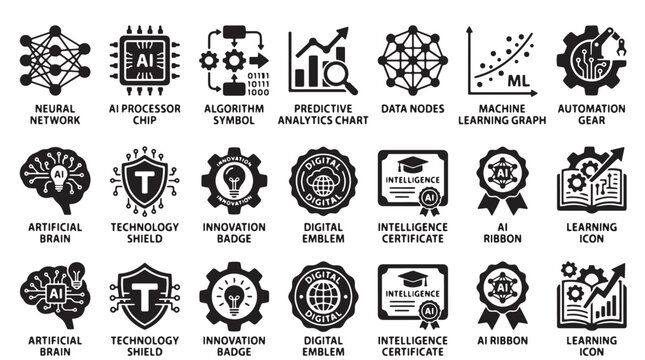Artificial intelligence icons, technology shield, innovation badges, 25 AI learning symbols